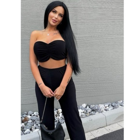 Black Ruched Strapless Crop Top and High Waist Wide Leg Pants Two Piece Set - Picture 7 of 8